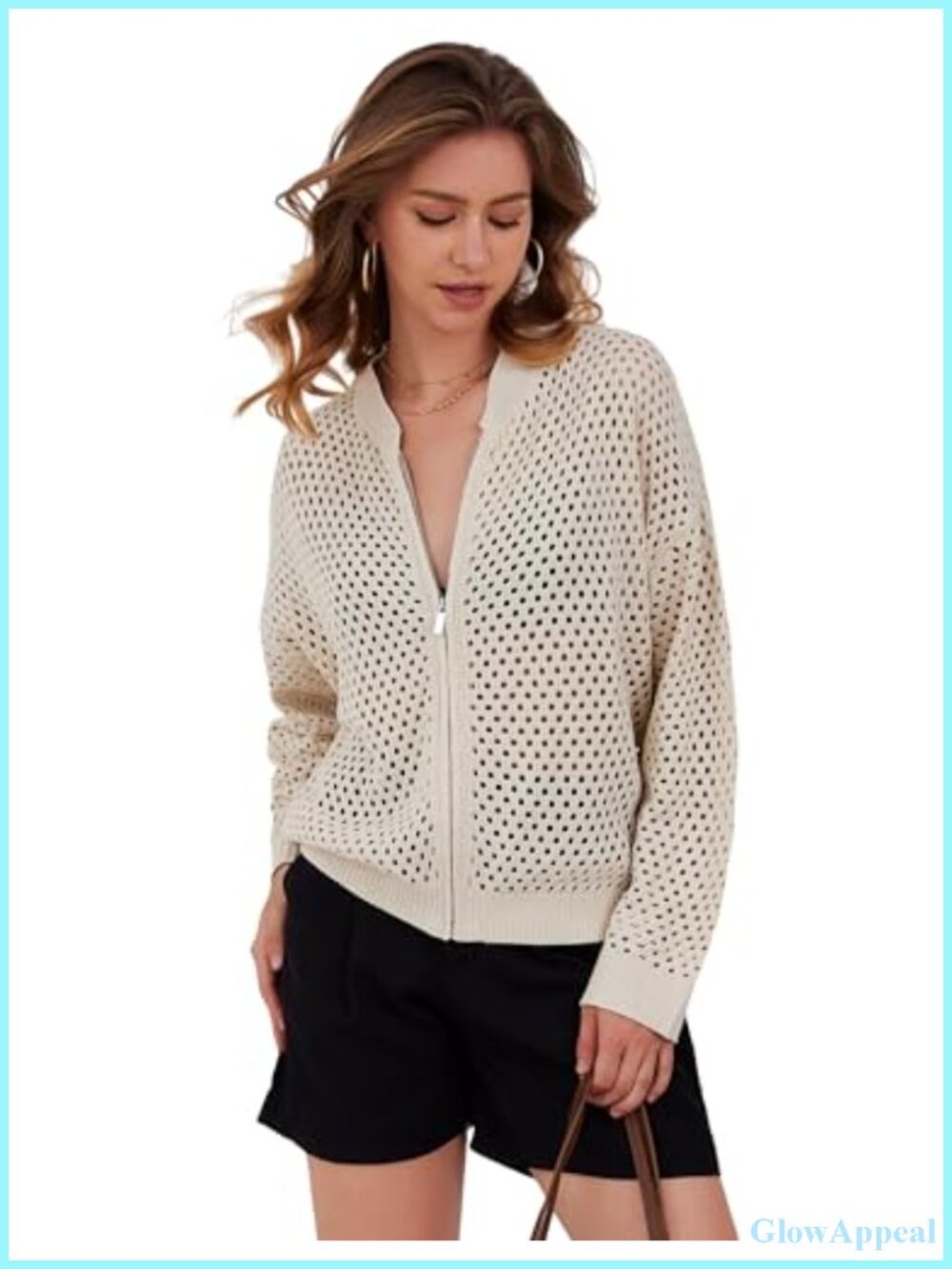 Oversized Zip Up Crochet Cardigan Sweater Hollow Out Knit Bomber Jacket